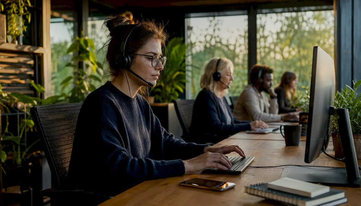 Mitarbeiterin im Bereich virtuelle Rezeption und Überwachung im Homeoffice