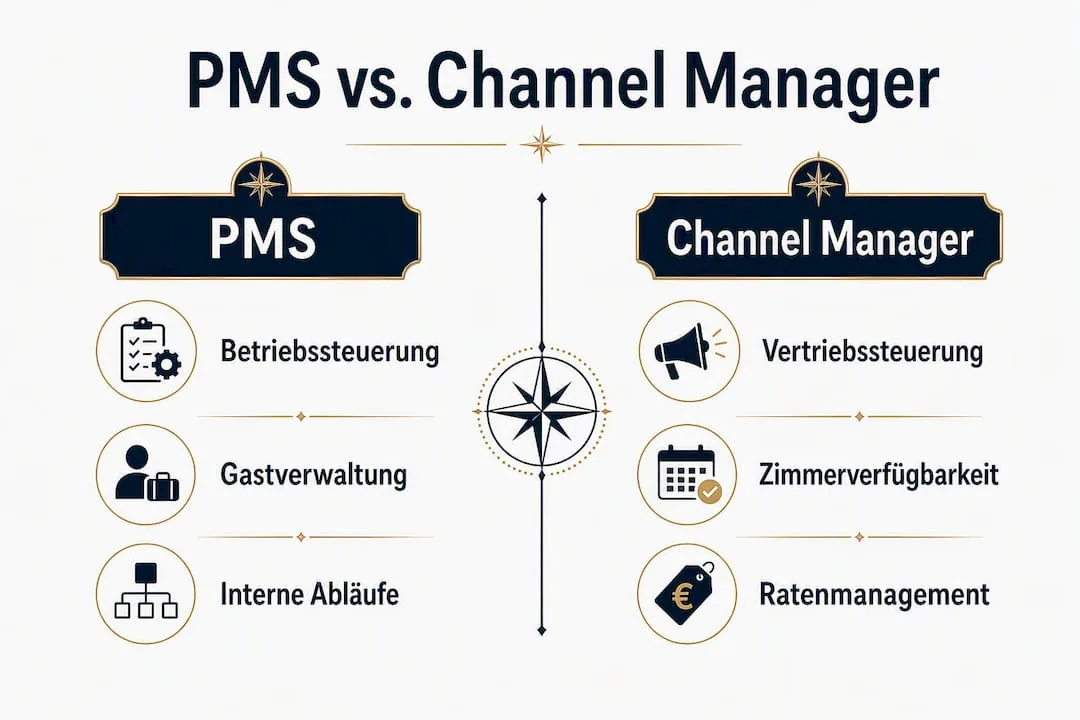 Übersichtsgrafik: Unterschiede zwischen PMS und Channel Manager im direkten Vergleich