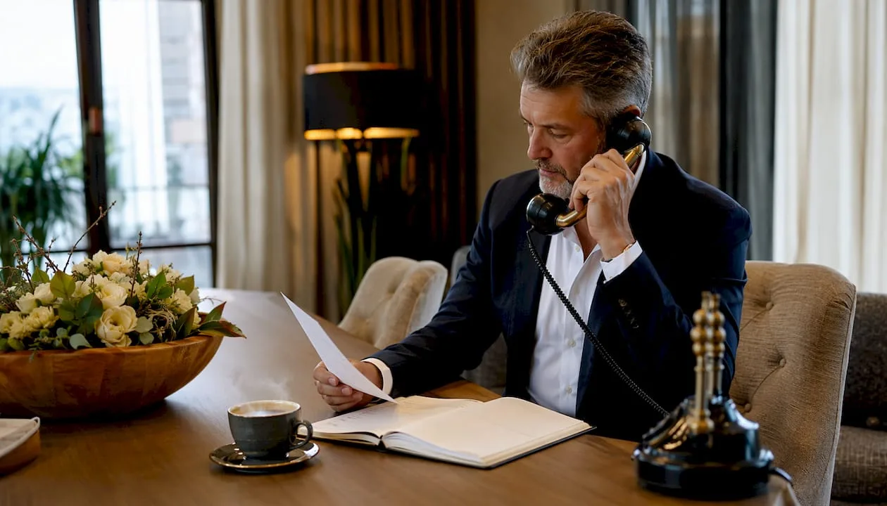 Der Hoteldirektor prüft am Schreibtisch die aktuellen Reservierungen.