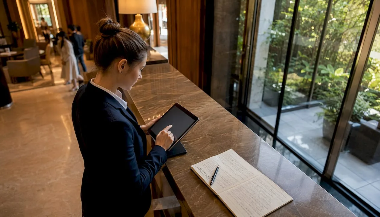 Eine Mitarbeiterin an der Hotelrezeption arbeitet am Tablet.