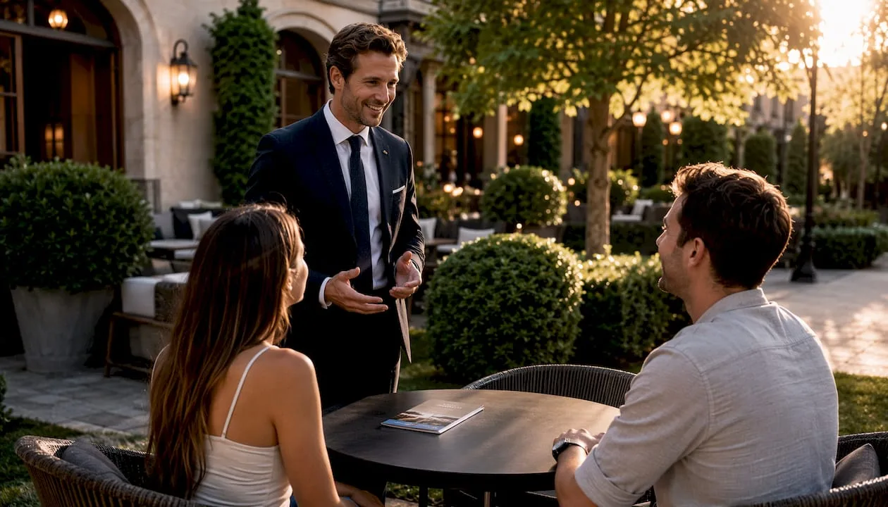 An der Rezeption unterhält sich der Hotelmitarbeiter mit den Gästen.